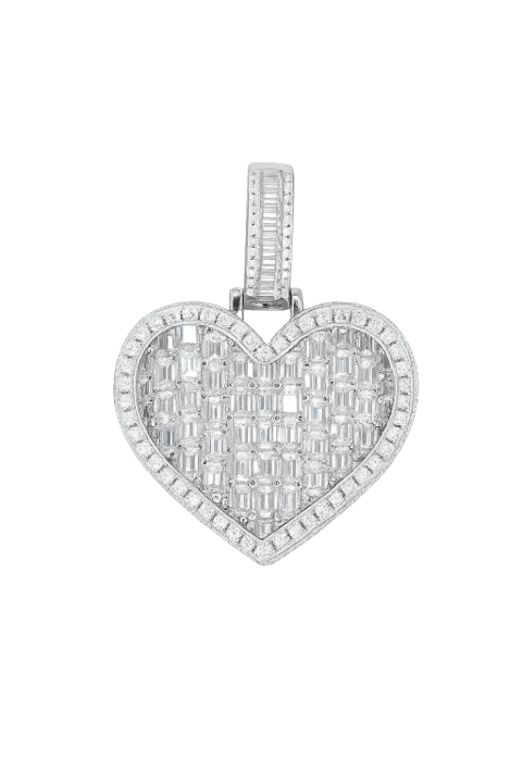 Round And Baguette VVS Moissanite Diamond Heart Pendant