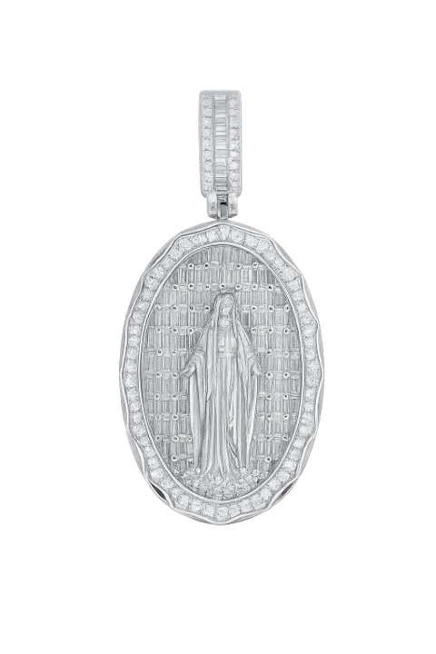 Round And Baguette VVS Moissanite Diamond Virgin Mary Pendant